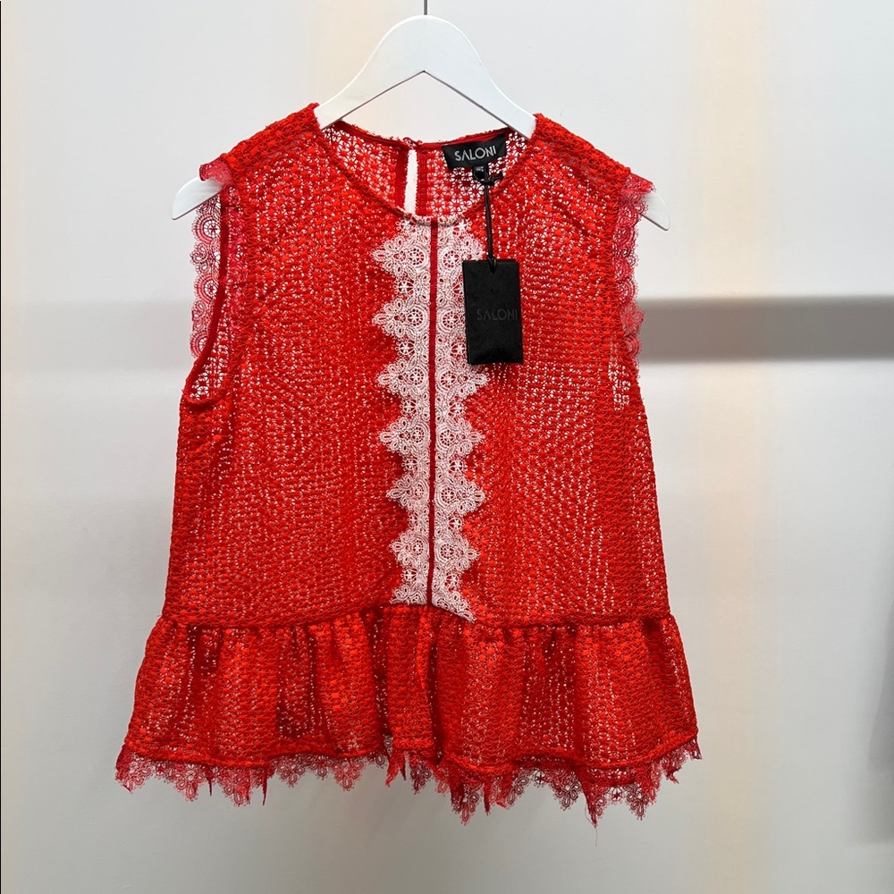 NWT SALONI Vibrant Red Top with White Lace Accents